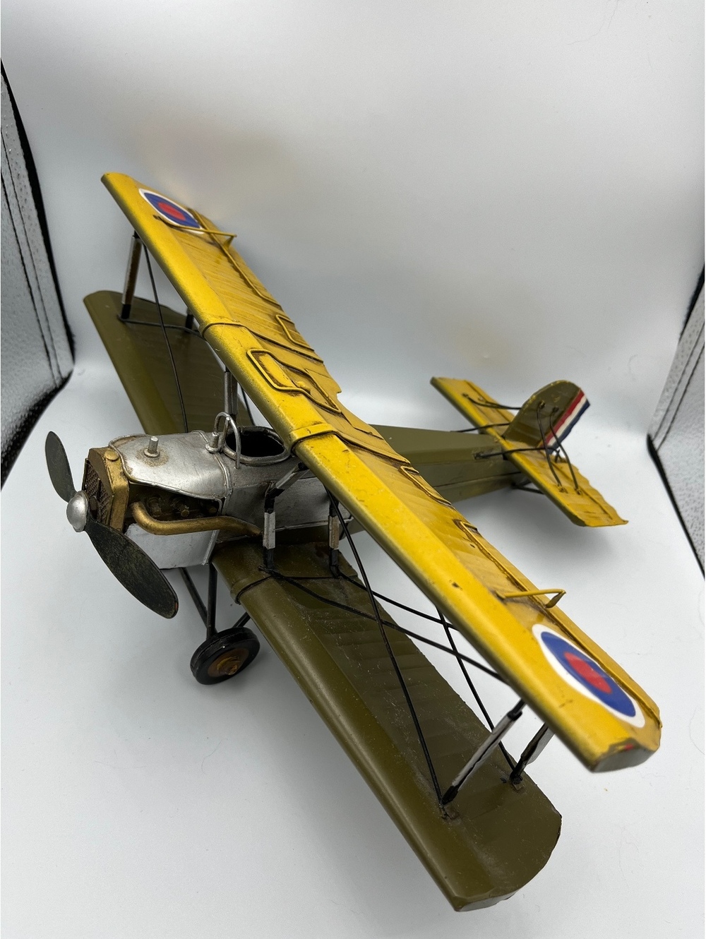 Vintage Style Metal Biplane Airplane Sculpture Yellow Military Aviation Decor